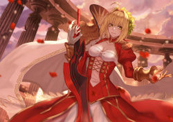 Rule 34 | 10s, 1girl, aestus domus aurea, aestus estus, ahoge, architecture, blonde hair, blurry, breasts, cape, claw ring, cleavage, cleavage cutout, closed mouth, clothing cutout, cloud, cloudy sky, collarbone, colosseum, column, covered navel, cowboy shot, depth of field, dress, epaulettes, fate/extra, fate/grand order, fate (series), gloves, hair intakes, hand up, holding, holding sword, holding weapon, juliet sleeves, laurel crown, light smile, long sleeves, looking at viewer, meandros, medium breasts, navel, nero claudius (fate), nero claudius (fate) (all), nero claudius (fate/extra), outdoors, petals, pillar, puffy sleeves, red dress, rose petals, see-through, sky, solo, sword, weapon, white cape, white gloves, whitem (whiteemperor2020), yellow eyes