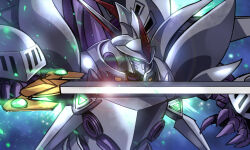 Rule 34 | cybuster, glowing, glowing eyes, highres, holding, holding sword, holding weapon, jazz jack, lens flare, mecha, no humans, robot, super robot wars, super robot wars the lord of elemental, sword, weapon