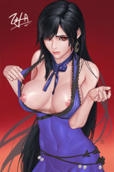 1girl black_hair bow bowtie breasts brown_eyes covered_navel crescent crescent_earrings dress earrings final_fantasy final_fantasy_vii final_fantasy_vii_remake gradient_background highres jewelry kryp132 long_hair looking_at_viewer nipple_slip nipples no_bra parted_lips purple_dress red_background solo tifa_lockhart tifa_lockhart_(refined_dress) toned upper_body very_long_hair