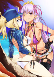 Rule 34 | 2girls, ahoge, artoria pendragon (fate), ass, bb (fate), bb (fate) (all), bb (swimsuit mooncancer) (fate), bb (swimsuit mooncancer) (second ascension) (fate), beach, bikini, blonde hair, blue eyes, cropped jacket, day, fate/grand order, fate (series), inu (aerodog), long hair, looking at viewer, micro shorts, multiple girls, mysterious heroine x (fate), mysterious heroine xx (fate), nail polish, one eye closed, ponytail, purple eyes, purple hair, shorts, shrug (clothing), side-tie bikini bottom, swimsuit, very long hair, white bikini