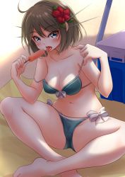 Rule 34 | absurdres, beach, beach towel, bikini, blue eyes, box, breasts, brown hair, cleavage, collarbone, flower, food, green bikini, hair between eyes, hair flower, hair ornament, headgear, highres, holding food, holding ice cream, ice cream, indian style, kantai collection, large breasts, looking at viewer, makura (y makura), maya (kancolle), navel, open mouth, red flower, saliva, saliva trail, short hair, sitting, strap slip, swimsuit, tongue, tongue out, towel