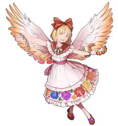 Rule 34 | 1girl, angel wings, blonde hair, bow, bracelet, brown footwear, chain, dress, floral print, flower, frills, full body, gengetsu (touhou), hair bow, hair ribbon, highres, jewelry, laurels, looking at viewer, lotus land story, mefomefo, open mouth, petals, pink bow, red bow, ribbon, short hair, short sleeves, simple background, smile, solo, touhou, touhou (pc-98), vest, white background, white dress, wings, yellow eyes