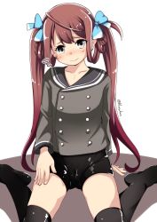 Rule 34 | 1girl, asagumo (kancolle), black shorts, black thighhighs, blazer, brown hair, buttons, commentary request, double-breasted, grey sailor collar, hair ribbon, highres, jacket, kantai collection, long hair, nassukun, ribbon, sailor collar, school uniform, serafuku, shorts, simple background, sitting, solo, thighhighs, twintails, wariza, white background, yellow eyes
