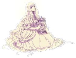 Rule 34 | 1girl, absurdly long hair, bow, buttons, cioccolatodorima, closed eyes, container, dress, expressionless, frilled dress, frilled shawl, frilled sleeves, frills, full body, glass, image sample, long hair, long sleeves, looking at viewer, original, severed head, shawl, simple background, sitting, solo, spot color, very long hair, white background