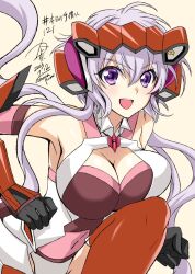 Rule 34 | 1girl, ahoge, blush, breasts, cleavage, grey hair, highres, kanna (plum), large breasts, long hair, looking at viewer, low twintails, open mouth, purple eyes, senki zesshou symphogear, smile, solo, thighhighs, twintails, very long hair, white hair, yukine chris