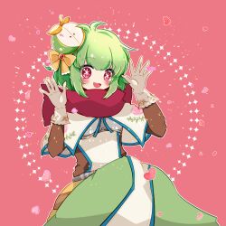 Rule 34 | 1girl, alternate color, blush, brown shirt, capelet, chest guard, commentary request, commission, feet out of frame, floral print, gloves, green hair, green skirt, hands up, heart, looking at viewer, lowres, medium bangs, open mouth, pink background, pochiko (poteko), ragnarok online, red eyes, red scarf, rose print, scarf, second-party source, shirt, short hair, skeb commission, skirt, smile, solo, star-shaped pupils, star (symbol), swordsman (ragnarok online), symbol-shaped pupils, white capelet, white gloves