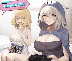Rule 34 | 2girls, ahoge, alternate costume, angry, bare shoulders, bed, black nails, blonde hair, blue cape, blurry, blurry background, blush, braid, breasts, brown eyes, cape, chips (food), cleavage, clenched teeth, collarbone, commentary, controller, eating, english text, fall guys, fate/grand order, fate (series), food, game controller, holding, holding food, hood, hood up, jeanne d&#039;arc (fate), jeanne d&#039;arc (ruler) (fate), jeanne d&#039;arc alter (avenger) (fate), jeanne d&#039;arc alter (fate), large breasts, long hair, looking at viewer, multiple girls, nail polish, on bed, open mouth, pillow, playing games, potato chips, profanity, short hair, silver hair, single braid, sitting, smile, smug, suou-sensei, teeth, yellow eyes