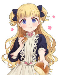 Rule 34 | 1girl, apron, black bow, black dress, blonde hair, blue eyes, blunt bangs, blush, bow, bread, bread bun, cowboy shot, dress, eating, emilico (shadows house), flower (symbol), food, food on face, hair bow, highres, holding, holding food, incoming food, kaminokefusa, long hair, looking at viewer, maid apron, shadows house, simple background, smile, solo, two side up, wavy hair, white apron, white background