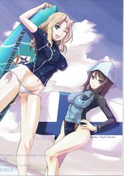 Rule 34 | 10s, 2girls, ;d, adapted costume, bikini, blonde hair, blue eyes, blush, breasts, brown eyes, brown hair, character name, closed mouth, cloud, cloudy sky, competition swimsuit, covered erect nipples, day, dutch angle, english text, finnish flag, girls und panzer, groin, hair intakes, hand on own hip, hat, highres, holding, kay (girls und panzer), large breasts, light smile, long hair, looking at viewer, mika (girls und panzer), multiple girls, navel, nenchi, nipples, one-piece swimsuit, one eye closed, open mouth, scan, sky, smile, standing, surfboard, swimsuit, swimsuit under clothes, wink