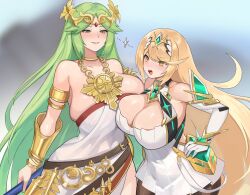 Rule 34 | 2girls, ancient greek clothes, armlet, bare shoulders, blonde hair, blush, breasts, chest jewel, chiton, cleavage, earrings, elbow gloves, forehead jewel, gloves, green eyes, green hair, headpiece, highres, huge breasts, jewelry, kid icarus, kid icarus uprising, laurel crown, long hair, multiple girls, mythra (massive melee) (xenoblade), mythra (xenoblade), necklace, nintendo, norza, palutena, smile, super smash bros., swept bangs, tiara, very long hair, xenoblade chronicles (series), xenoblade chronicles 2