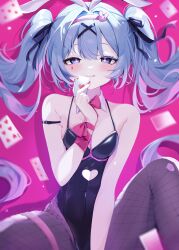 Rule 34 | absurdres, animal ears, bare shoulders, between legs, blue hair, blush, breasts, card, commentary, fishnets, hair ornament, hairclip, hand between legs, hatsune miku, heart, heart-shaped pupils, highres, holding, holding card, leotard, medium breasts, misa1587, multicolored hair, pink background, rabbit ears, rabbit hole (vocaloid), ribbon, symbol-only commentary, symbol-shaped pupils, tongue, tongue out, two-tone hair, x hair ornament