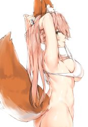 Rule 34 | 10s, 1girl, animal ear fluff, animal ears, armpits, arms behind head, arms up, ass, bikini, bikini top only, bottomless, breasts, closed mouth, fate/extra, fate (series), fox ears, fox tail, from side, hair between eyes, hair lift, highres, large breasts, light smile, looking at viewer, mouth hold, pink hair, profile, sideboob, silver (chenwen), simple background, solo, swimsuit, tail, tamamo (fate), tamamo no mae (fate/extra), tying hair, white background, white bikini, yellow eyes