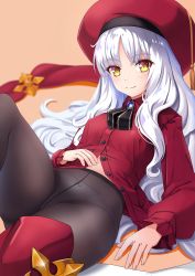 Rule 34 | 1girl, beret, black pantyhose, breasts, brooch, buttons, caren hortensia, caren hortensia (amor caren), caren hortensia (amor caren) (second ascension), crotch seam, fate/grand order, fate (series), hat, highres, jewelry, knee up, long hair, long sleeves, looking at viewer, medium breasts, neck ribbon, panties, panties under pantyhose, pantyhose, red hat, red shirt, ribbon, shawl, shirt, smile, solo, thighs, underwear, wapokichi, wavy hair, white hair, yellow eyes