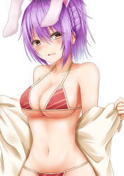 Rule 34 | 1girl, alternate hairstyle, animal ears, bare shoulders, bikini, blush, braid, breasts, collarbone, commentary request, diagonal-striped bikini, diagonal-striped clothes, extra ears, hair between eyes, halterneck, highres, large breasts, looking at viewer, navel, open mouth, ponytail, purple hair, rabbit ears, red bikini, red eyes, reisen udongein inaba, santarou, short hair, sidelocks, simple background, solo, stomach, striped bikini, striped clothes, swimsuit, touhou, undressing, upper body, white background