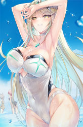 Rule 34 | 3girls, ass, blonde hair, breasts, chest jewel, gem, headpiece, inoue takuya (tactactak), large breasts, long hair, multiple girls, mythra (radiant beach) (xenoblade), mythra (xenoblade), nia (fancy sundress) (xenoblade), nia (xenoblade), one-piece swimsuit, pyra (pro swimmer) (xenoblade), pyra (xenoblade), ribbed swimsuit, strapless, strapless one-piece swimsuit, striped clothes, striped one-piece swimsuit, swept bangs, swimsuit, tiara, two-tone swimsuit, vertical-striped clothes, vertical-striped one-piece swimsuit, very long hair, white one-piece swimsuit, xenoblade chronicles (series), xenoblade chronicles 2, yellow eyes