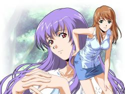 Rule 34 | 2girls, arm support, blouse, brown hair, collarbone, forest, fragments blue, green eyes, horibe hiderou, leaning forward, leg grab, long hair, multiple girls, nature, outdoors, own hands clasped, own hands together, pencil skirt, pink eyes, purple hair, red eyes, shirt, skirt, sleeveless, sleeveless shirt, smile, standing, tree, wallpaper