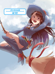 Rule 34 | 1girl, :d, arm up, belt, blue dress, blue footwear, blue hat, boots, broom, broom riding, brown eyes, brown hair, dress, floating hair, hat, highres, kagari atsuko, knee boots, little witch academia, long hair, long sleeves, looking at viewer, miyauchi yuusuke, open mouth, red belt, short dress, smile, solo, very long hair, witch hat