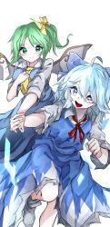 Rule 34 | 2girls, absurdres, ahoge, ascot, blue bow, blue dress, blue hair, bow, cirno, clenched hand, collared shirt, commentary, daiyousei, dress, fairy wings, green eyes, green hair, hair between eyes, hair bow, hand on own chest, highres, holding hands, ice, ice wings, looking at viewer, multiple girls, neck ribbon, open mouth, parted bangs, ponytail, purple eyes, red ribbon, ribbon, shirt, short hair, smile, socks, split mouth, teeth, touhou, upper teeth only, vivo (vivo sun 0222), white background, white legwear, wide sleeves, wings, yellow ascot, yellow bow