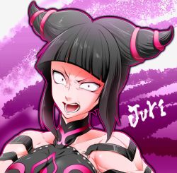 Rule 34 | 1girl, bad id, bad pixiv id, black hair, blunt bangs, breasts, character name, chinese clothes, constricted pupils, drill hair, dudou, halterneck, han juri, looking at viewer, marimo (yousei ranbu), muscular, open mouth, purple eyes, short hair, solo, street fighter, street fighter iv (series), twin drills, upper body