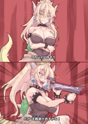 Rule 34 | 1girl, 2koma, armlet, black collar, black dress, blonde hair, blush, borrowed design, bowsette, bracelet, breasts, cleavage, collar, comic, commentary request, crossed arms, crown, dress, earrings, fangs, graphite (medium), horns, jesus revenge (meme), jewelry, large breasts, long tongue, looking at viewer, m&amp;m (mickey and mackey), mario (series), motion lines, new super mario bros. u deluxe, nintendo, parody, pointy ears, sakura nitouhei, sharp teeth, solo, spiked armlet, spiked bracelet, spiked collar, spiked shell, spiked tail, spikes, strapless, strapless dress, stupid movie sequels, super crown, super scope, tail, teeth, tongue, tongue out, traditional media, translation request, turtle shell
