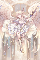 Rule 34 | 1girl, absurdres, angel, angel wings, bad id, bad pixiv id, blonde hair, breasts, brown eyes, cleavage, dress, feathers, full body, highres, jewelry, large breasts, long hair, looking at viewer, necklace, original, polearm, rinmmo, solo, spear, weapon, white dress, white feathers, white legwear, wings