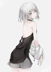 Rule 34 | 1girl, backless dress, backless outfit, bare shoulders, black dress, cowboy shot, drawstring, dress, from behind, grey background, grey eyes, grey hair, hair between eyes, halterneck, jpeg artifacts, kakuchou shoujo-kei trinary, looking at viewer, looking back, neco, pale skin, parted lips, short hair, simple background, sketch, solo, standing, sumeragi chiharu, undressing