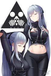 Rule 34 | 1girl, absurdres, ak-12 (girls&#039; frontline), arms behind head, arms up, artist name, black bodysuit, black pants, black ribbon, bodysuit, braid, breasts, closed eyes, closed mouth, cowboy shot, defy (girls&#039; frontline), feet out of frame, french braid, girls&#039; frontline, grey hair, hair between breasts, hair ribbon, hands on own breasts, hands on own chest, highres, leehamin777, long hair, long sleeves, medium breasts, midriff, mixed-language commentary, navel, pants, ponytail, revision, ribbon, sidelocks, simple background, solo, standing, twitter username