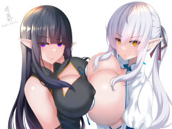 Rule 34 | 2girls, bare shoulders, black hair, breast press, breasts, china dress, chinese clothes, cleavage, cleavage cutout, clothing cutout, collared shirt, dress, elf, large breasts, looking at viewer, multiple girls, okuri banto, original, pointy ears, purple eyes, raised eyebrows, shirt, sideboob, skindentation, symmetrical docking, white hair, yellow eyes