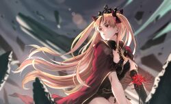 Rule 34 | 1girl, absurdres, asymmetrical sleeves, blonde hair, bow, breasts, cloak, dress, ereshkigal (fate), fate/grand order, fate (series), flower, hair ribbon, highres, jewelry, long hair, medium breasts, parted bangs, red cloak, red eyes, red ribbon, ribbon, single sleeve, skull, skull ornament, solo, spider lily, spine, tiara, two-sided cloak, two-sided fabric, two side up, user cdug5424, yellow cloak