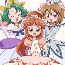 3girls :d ^_^ animal_ears arched_crown beaver_ears blue_crown blue_dress blue_gemstone blush bob_cut brooch brown_eyes brown_hair buttons closed_eyes commentary cowboy_shot cowlick crown dog_ears doodle_background dress elbow_gloves flower_(symbol) fushigiboshi_no_futago_hime gem gloves gold_necklace gown green_hair hair_between_eyes halftone_texture hands_on_own_chest high_ponytail highres hinoki_(91011) jewelry leonne_(futagohime) lion_ears lion_girl long_hair long_sleeves looking_at_viewer miruro_(futagohime) multiple_girls necklace open_mouth orange_dress orange_hair outline own_hands_together pink_outline ponytail princess puffy_short_sleeves puffy_sleeves purple_dress purple_eyes purple_gloves red_brooch red_gemstone short_hair short_sleeves smile sophie_(futagohime) supportasse tiara triangle_mouth white_background white_gloves white_tiara wide_sleeves