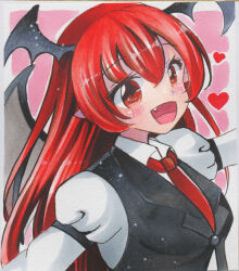 Rule 34 | 1girl, bat wings, black vest, blush, breasts, collared shirt, fang, hair between eyes, head wings, heart, juliet sleeves, koakuma, long hair, long sleeves, looking at viewer, maccha xxxxxx, marker (medium), medium breasts, necktie, open mouth, pink background, pointy ears, puffy sleeves, red eyes, red hair, red necktie, shirt, simple background, solo, touhou, traditional media, upper body, vest, white shirt, wings