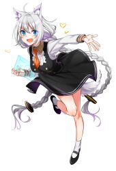 Rule 34 | 1girl, animal ear fluff, animal ears, blue eyes, braid, dog ears, dog tail, dress, full body, grey hair, holding, kizuna akari, long hair, long sleeves, necktie, open mouth, outstretched hand, shoes, short necktie, socks, solo, standing, standing on one leg, tail, twin braids, very long hair, voiceroid, yodare (3yami8)