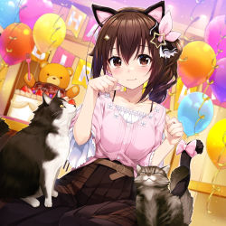 Rule 34 | 1girl, :3, amagai tarou, animal, animal ears, animal on lap, ankimo (tokino sora), balloon, belt, birthday cake, black hairband, black skirt, blush, bow, bra strap, breasts, brown belt, brown eyes, brown hair, buttons, cake, cat, cat ears, cat on lap, cat tail, closed mouth, collarbone, commentary, fake animal ears, fake tail, feet out of frame, food, frilled shirt, frills, hair between eyes, hair ornament, hair ribbon, hairband, happy birthday, highres, hololive, indoors, intertwined tails, long hair, looking at viewer, medium breasts, official alternate costume, on lap, paw pose, pink bow, pink ribbon, pink shirt, pleated skirt, ribbon, shirt, shirt tucked in, sitting, skirt, smile, solo, star (symbol), star hair ornament, tail, tail bow, tail ornament, tokino sora, tokino sora (casual), undershirt, virtual youtuber, wariza, white shirt
