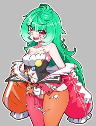 Rule 34 | 1girl, bare shoulders, breasts, cleavage, collarbone, coni confetti, cowboy shot, green hair, grey background, highres, idol corp, jacket, leotard, long hair, long sleeves, looking at viewer, masked agent, medium breasts, navel, off shoulder, open mouth, outline, pantyhose, pink eyes, sharp teeth, simple background, sleeves past wrists, smile, solo, standing, teeth, torn clothes, torn pantyhose, two-tone pantyhose, upper body, white outline