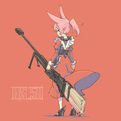 Rule 34 | 1girl, animal ears, anti-materiel rifle, apron, belt, black footwear, bolt action, broom, fox ears, from behind, full body, gun, high heels, looking back, maid, maid apron, pas (paxiti), pink hair, red background, rifle, shoes, short ponytail, sniper rifle, solo, steyr hs .50, weapon, white legwear, wrist cuffs