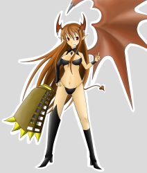 Rule 34 | 1girl, asymmetrical clothes, bare shoulders, bikini, breasts, brown hair, demon girl, fang, female focus, full body, gloves, hand on own hip, highres, hip focus, horns, long hair, lord of vermilion, panties, pointy ears, red eyes, simple background, single glove, single wing, solo, succubus (lord of vermilion), swimsuit, tail, thong, underwear, v, wings