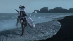 Rule 34 | 1girl, arknights, artist name, beach, black cape, black capelet, black gloves, black hat, black pants, boots, brown footwear, cape, capelet, character name, closed mouth, clothing cutout, copyright name, eyes visible through hair, full body, gloves, grey shirt, hair between eyes, hat, highres, holding, holding strap, long hair, low-tied long hair, nest, orlijiang, outdoors, pants, red eyes, scenery, shirt, silver hair, skadi (arknights), smile, solo, sword, sword behind back, thigh cutout, walking, weapon, wide shot