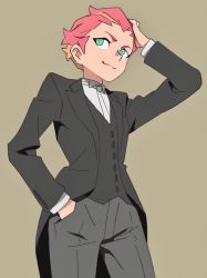 Rule 34 | 10s, 1girl, amanda o&#039;neill, arai hiroki, coattails, crossdressing, formal, green eyes, hand in pocket, hand on own head, highres, little witch academia, multicolored hair, necktie, orange hair, red hair, short hair, simple background, solo, suit, tailcoat, tomboy, two-tone hair