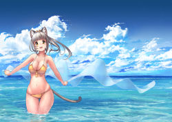 Rule 34 | 1girl, :d, animal ears, arukiru, bikini, blue sky, breasts, cat ears, cat tail, cleavage, cloud, cloudy sky, day, front-tie bikini top, front-tie top, gluteal fold, highres, horizon, large breasts, long hair, looking at viewer, navel, open mouth, orange bikini, original, outdoors, outstretched arms, ponytail, side-tie bikini bottom, silver hair, sky, smile, solo, swimsuit, tail, wading, wet, yellow eyes
