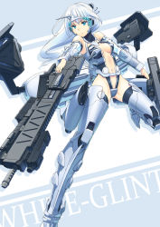Rule 34 | 1girl, aqua eyes, armor, armored core, armored core: for answer, bare shoulders, bikini armor, breasts, detached sleeves, dual wielding, from software, gun, highres, holding, juu ho, long hair, mecha musume, midriff, navel, revealing clothes, rifle, rocket launcher, solo, weapon, white glint, white hair