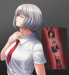 Rule 34 | 2girls, absurdres, closed eyes, cross-section, female focus, giant, giantess, gradient background, grey background, helpless, highres, inside creature, kuroihassan, long hair, multiple girls, necktie, original, red neckwear, short hair, silver hair, size difference, soft vore, swallowing, throat bulge, vore, wet