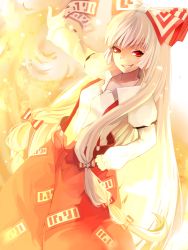 Rule 34 | 1girl, between fingers, bow, female focus, fire, fujiwara no mokou, grin, hair bow, hand on own hip, highres, holding, long hair, looking at viewer, ofuda, ofuda between fingers, outstretched arm, red eyes, settyaro, smile, smirk, solo, suspenders, touhou, white hair