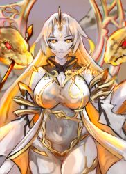 Rule 34 | 1girl, absurdres, blonde hair, breasts, cleavage, cleavage cutout, clothing cutout, daxeraivi, fire emblem, fire emblem heroes, gullveig (fire emblem), highres, large breasts, multicolored hair, nintendo, oni horn, pale skin, solo, tagme, white hair, wide hips, yellow eyes