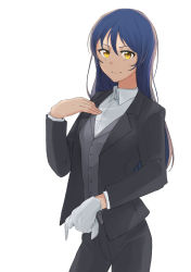 Rule 34 | 1girl, absurdres, black pants, blue hair, blush, butler, cowboy shot, female butler, formal, gloves, hair between eyes, highres, kusumura, long hair, looking at viewer, love live!, love live! school idol project, pants, simple background, single glove, smile, solo, sonoda umi, swept bangs, white background, white gloves, yellow eyes