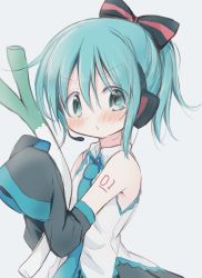 Rule 34 | 1girl, :o, absurdres, aqua eyes, aqua necktie, bad id, bad twitter id, bare shoulders, black skirt, black sleeves, blush, bow, commentary, detached sleeves, food, hair bow, hatsune miku, headphones, headset, highres, hitode, holding, holding food, holding spring onion, holding vegetable, looking at viewer, necktie, shirt, shoulder tattoo, skirt, sleeveless, sleeveless shirt, sleeves past fingers, sleeves past wrists, solo, spring onion, tattoo, upper body, v-shaped eyebrows, vegetable, vocaloid, white shirt