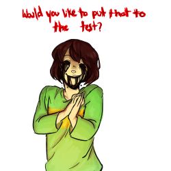 Rule 34 | androgynous, black eyes, blood, blood from mouth, bloody tears, brown hair, chara (undertale), commentary, english text, gender request, looking at viewer, open mouth, own hands together, oxi (oxidization), shirt, smile, solo, spoilers, striped clothes, striped shirt, transparent background, undertale