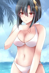 Rule 34 | 1girl, alternate costume, bare arms, bare shoulders, bikini, black hair, blue sky, blush, breasts, cleavage, commentary request, day, fire emblem, fire emblem engage, hair ornament, hand up, highres, kirishima riona, large breasts, navel, nel (fire emblem), nintendo, outdoors, red eyes, short hair, sky, solo, stomach, swimsuit, upper body, white bikini