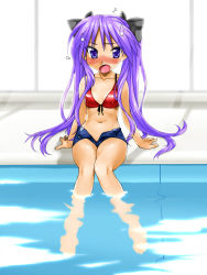 Rule 34 | 00s, 1girl, arm support, barefoot, bikini, bikini top only, blue eyes, blush, bow, denim, denim shorts, front-tie top, full-face blush, hair bow, highres, hiiragi kagami, indoors, kamia (not found), long hair, looking at viewer, lucky star, navel, open clothes, open fly, open mouth, open shorts, partially submerged, pool, poolside, purple hair, red bikini, shiny skin, shorts, sitting, soaking feet, solo, sweatdrop, swimsuit, twintails, unzipped, very long hair, water, window