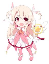 Rule 34 | 1girl, :d, arm up, blush, boots, chawan (yultutari), chibi, commentary request, cross, detached sleeves, earrings, fate/kaleid liner prisma illya, fate (series), feather hair ornament, feathers, full body, gloves, hair between eyes, hair ornament, highres, illyasviel von einzbern, jewelry, kaleidostick, latin cross, layered skirt, light brown hair, long hair, long sleeves, looking at viewer, magical ruby, open mouth, pink footwear, pink shirt, pink sleeves, pink thighhighs, pleated skirt, prisma illya, red eyes, shirt, sidelocks, simple background, skirt, sleeveless, sleeveless shirt, smile, solo, standing, star (symbol), thigh boots, thighhighs, two side up, very long hair, white background, white gloves, white skirt