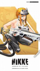 Rule 34 | 1girl, artist request, bandaid, bandaid on face, bare shoulders, battery, black choker, blonde hair, blue eyes, breasts, cable, choker, commentary, commentary request, company connection, crop top, earphones, earpiece, gloves, goddess of victory: nikke, grid background, gun, highres, holding, holding gun, holding weapon, kneeling, large breasts, maxwell (nikke), mecha musume, mechanical legs, mechanical parts, official art, short hair, sideboob, sidelocks, solo, sports bra, tank top, visor cap, weapon